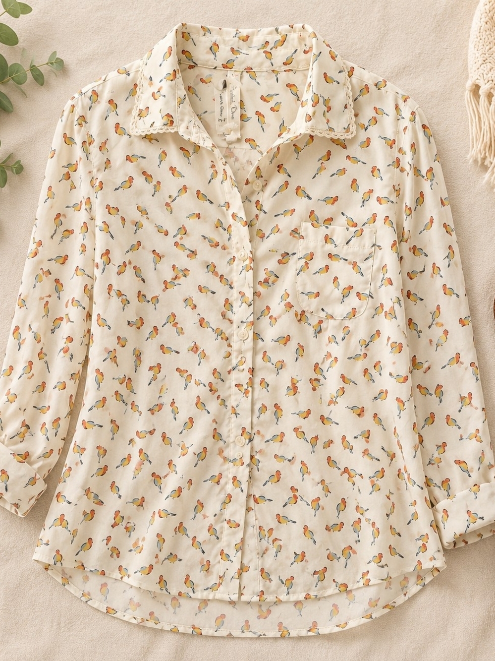 Whimsical Bird Print Button Blouse Medium